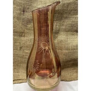 MCM Roscher Etched Iridescent‎ Glass Pink  Flowers Carafe Decanter Vase Romania